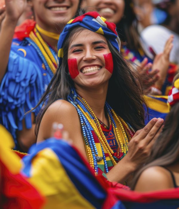 View from bottom to top Award-winning happy soccer fans Colombia clapping and cheering in the stadium stands, close-up portrait of cheering crowd at the game, morning light , commercial photo in the style of soft light, high resolution photography --chaos 20 --ar 9:16 --stylize 250 Job ID: 59178ef2-6205-4b94-972e-cc3ea3dc9ea3